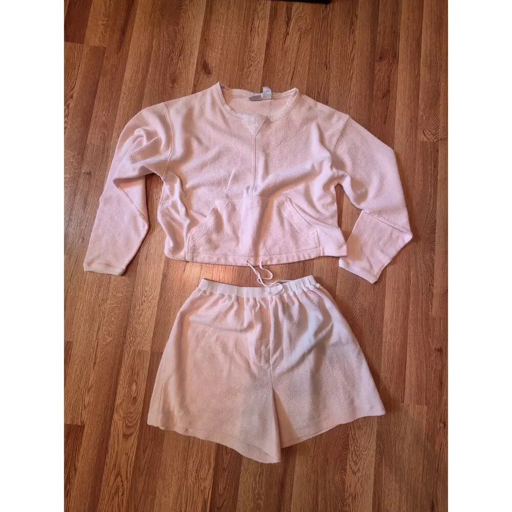 Arizona Terry Cloth Lounge Set Pink 2PC Crop Sweatshirt Shorts Medium Y2K Cozy